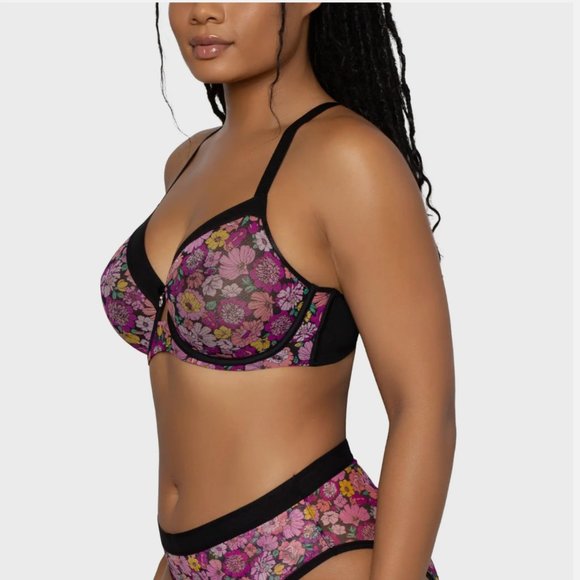 NWT $40 Curvy Couture [ 46C ] Full Figure Mesh Underwire Bra‎ Retro Roses - Picture 2 of 15